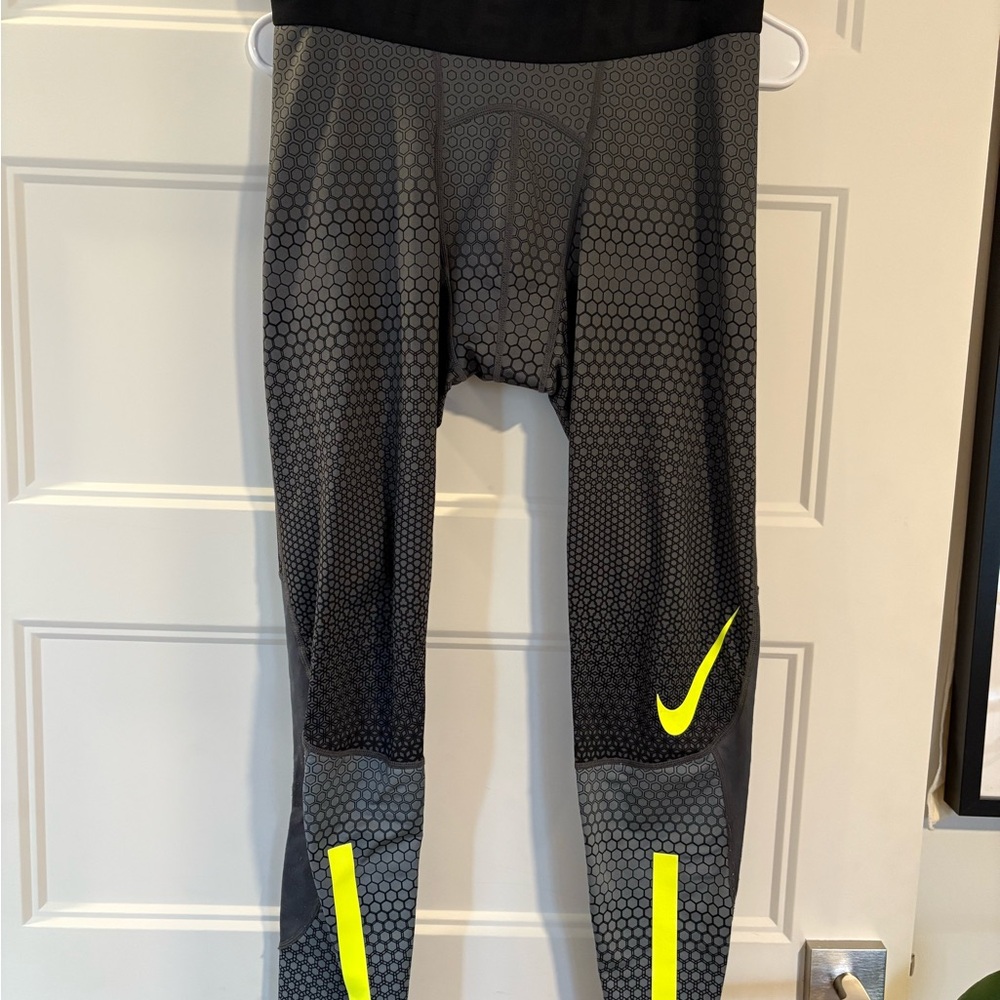 Nike Pro Grey and Neon Yellow Compression Leggings Male size M